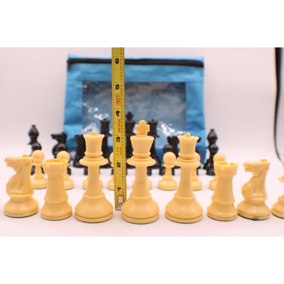 Complete Set Chess Pieces Black Tan Board Games Blue Zippered Case Resin Acrylic - Picture 10 of 11